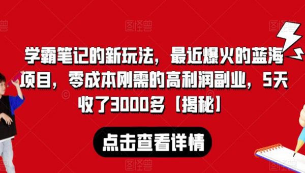 学霸笔记的新玩法，最近爆火的蓝海项目，零成本刚需的高利润副业，5天收了3000多