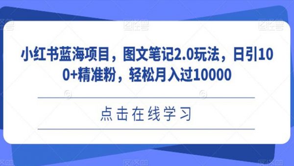 小红书蓝海项目，图文笔记2.0玩法，日引100+精准粉，轻松月入过10000