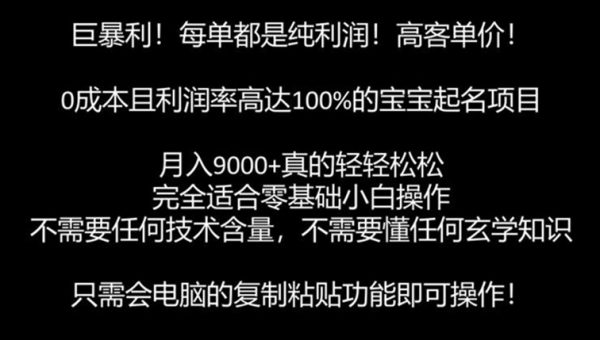 巨暴利，月入9000+的宝宝起名项目，每单都是纯利润，零基础都能躺赚【附软件+视频教程】