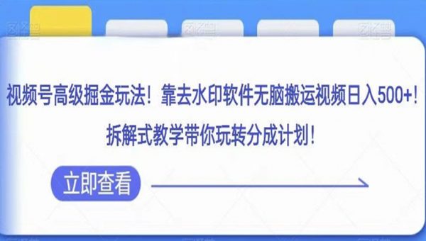 视频号高级掘金玩法，靠去水印软件无脑搬运视频日入500+，拆解式教学带你玩转分成计划