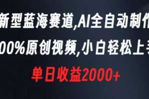 新型蓝海赛道，AI全自动制作，100%原创视频，小白轻松上手，单日收益2000+