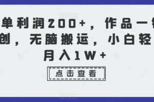 一单利润200+，作品一键原创，无脑搬运，小白轻松月入1W+