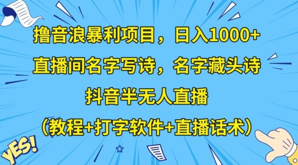 撸音浪暴利项目，日入1000+，直播间名字写诗，名字藏头诗，抖音半无人直播（教程+打字软件+直播话术）