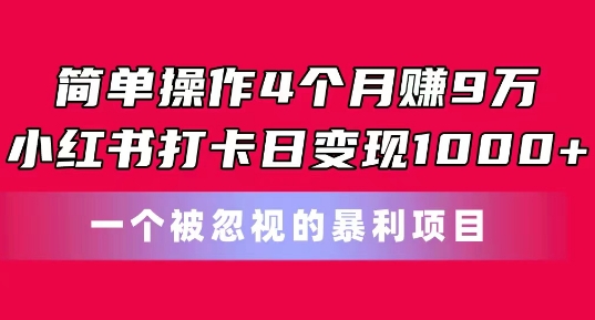 被忽视的暴力项目，小红书打卡日变现1k，简单操作4个月赚9w