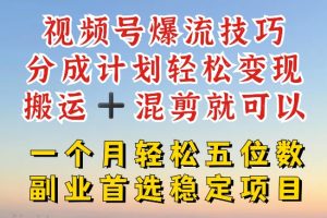 视频号爆流技巧，分成计划轻松变现，搬运 +混剪就可以，一个月轻松五位数稳定项目