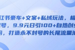 小红书豪车+文案+私域玩法，极速起号，9.9元日引100+自热创业粉，打造永不封号的长尾流量池